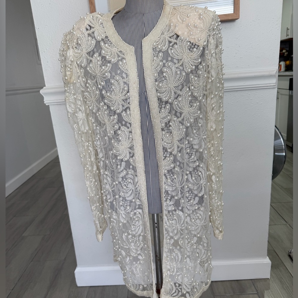 Scala Elegant Cream Beaded Lace Cardigan